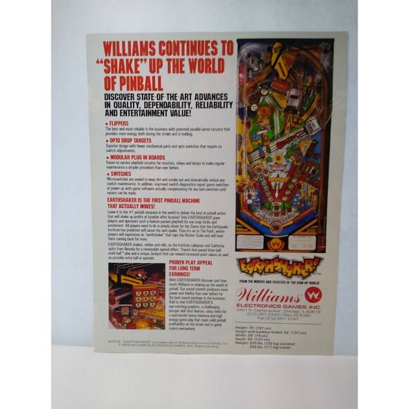 Earthshaker Pinball Flyer Original Vintage NOS 1989 Game 8.5" x 11 Retro Vintage - Picture 3 of 3